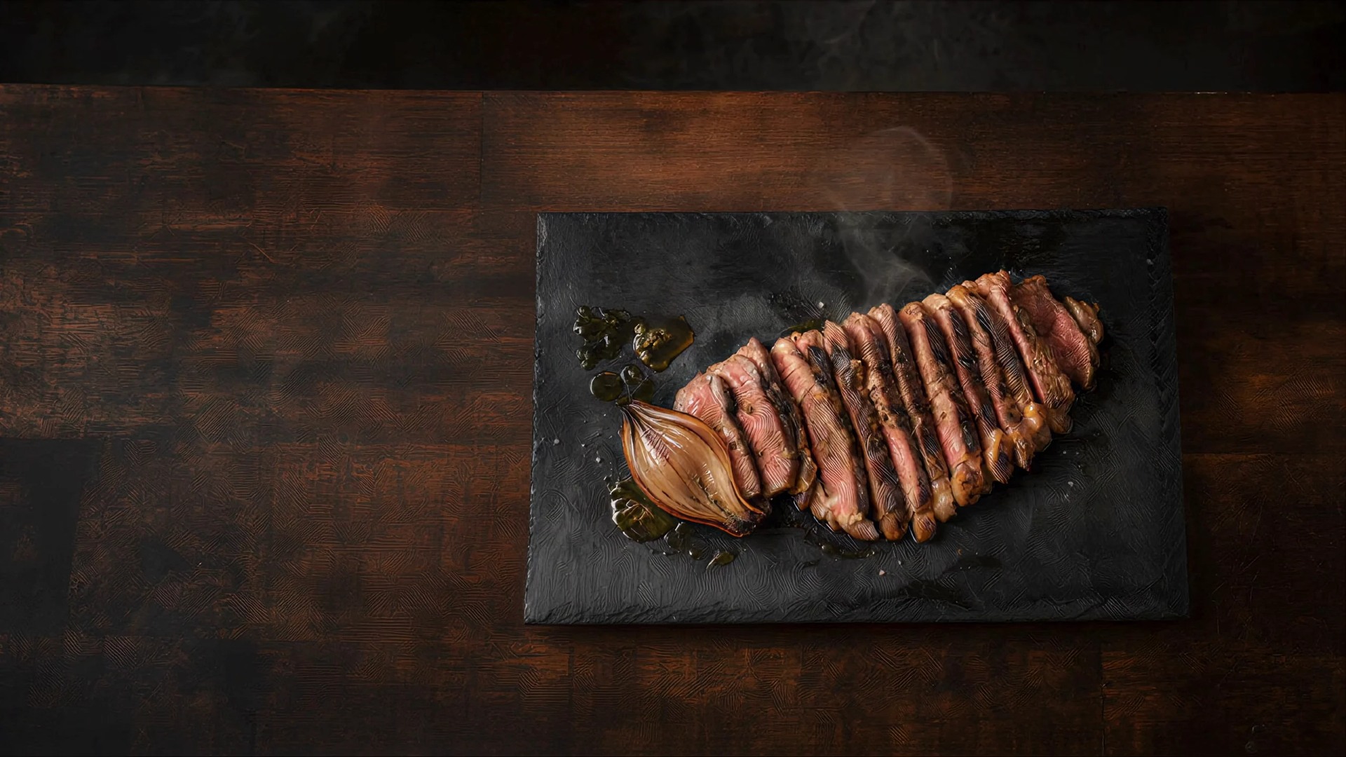 A chef finishing a steak dish on dark slate