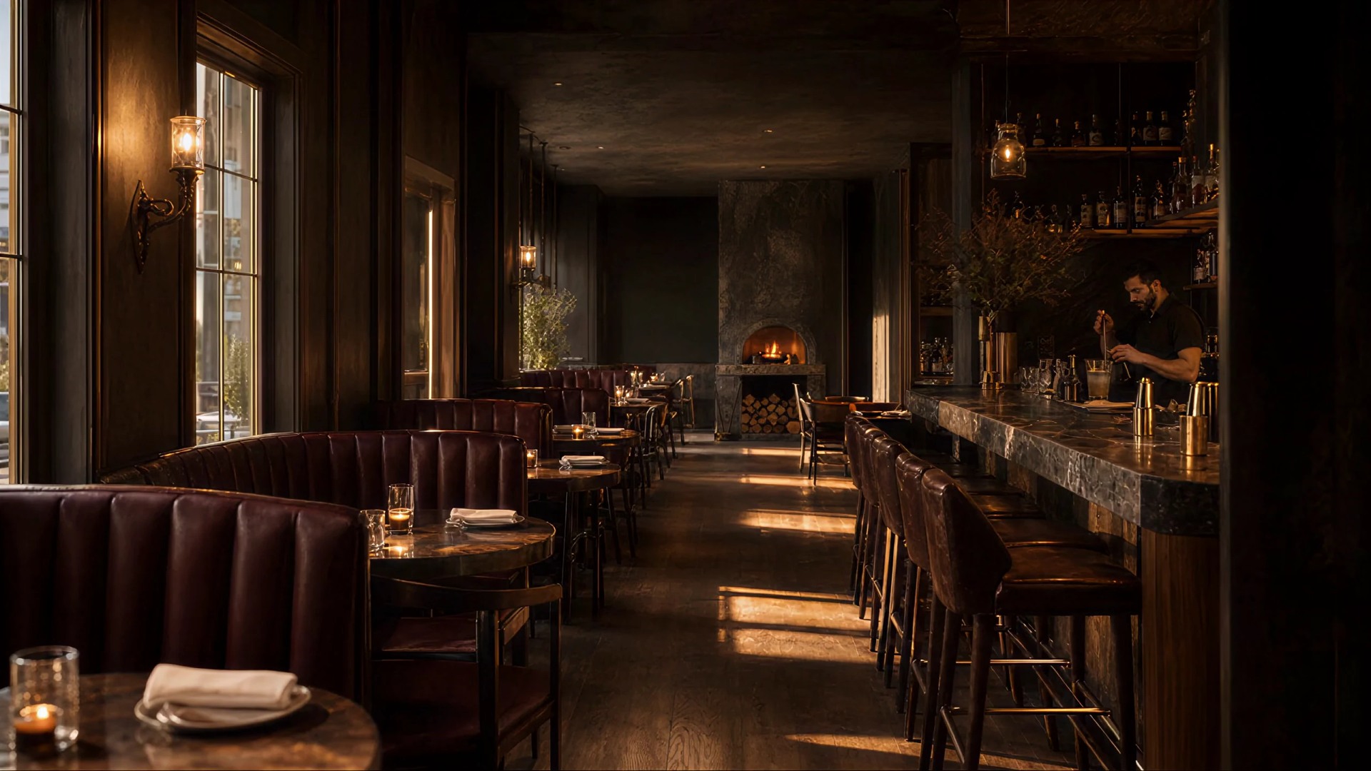 A candlelit dining room with leather booths and a warm walnut bar
