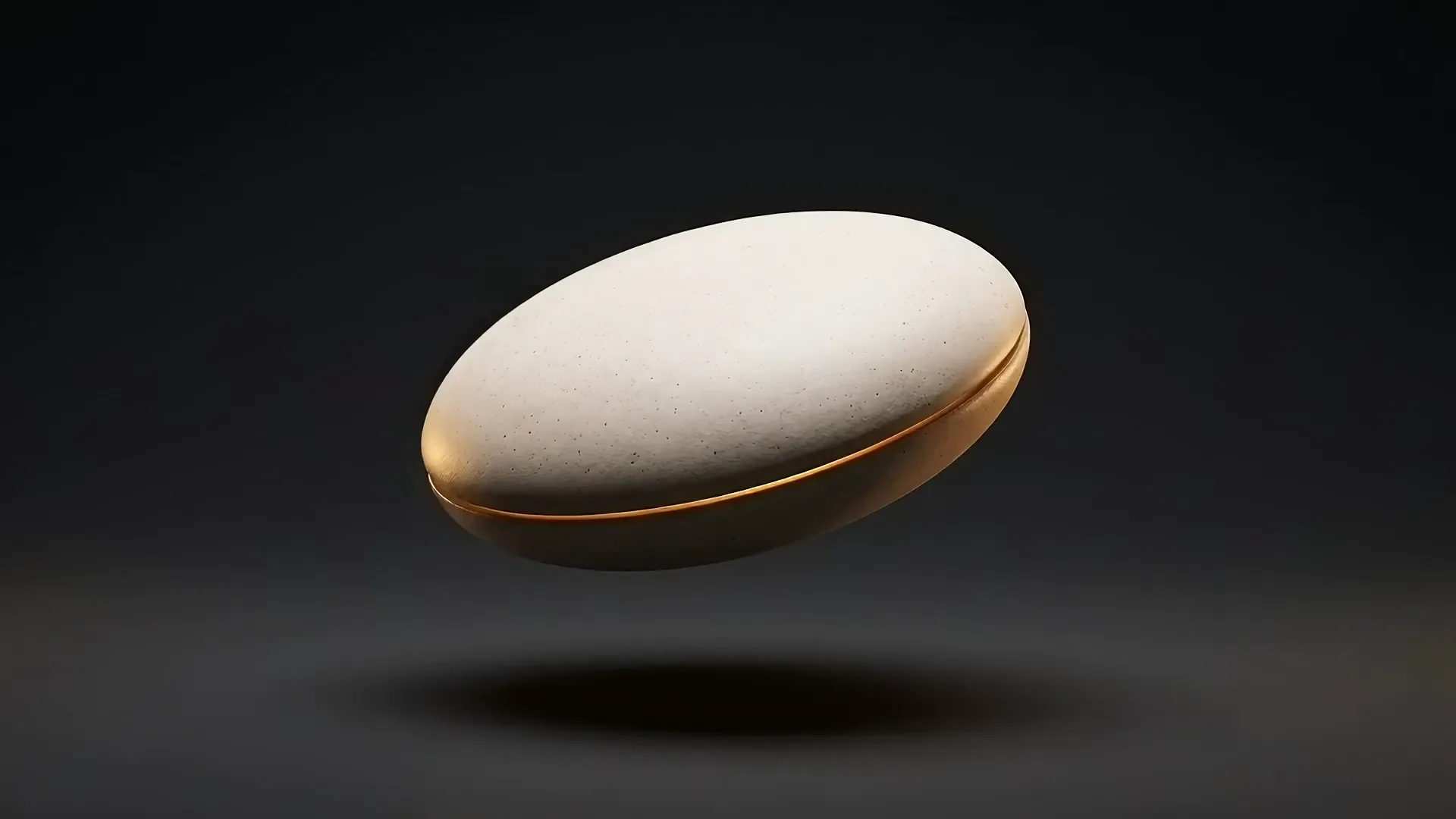 Exploded view of the Murmur pebble: ceramic upper shell, a ring of six microphones, a slim battery, a copper haptic coil and the lower shell