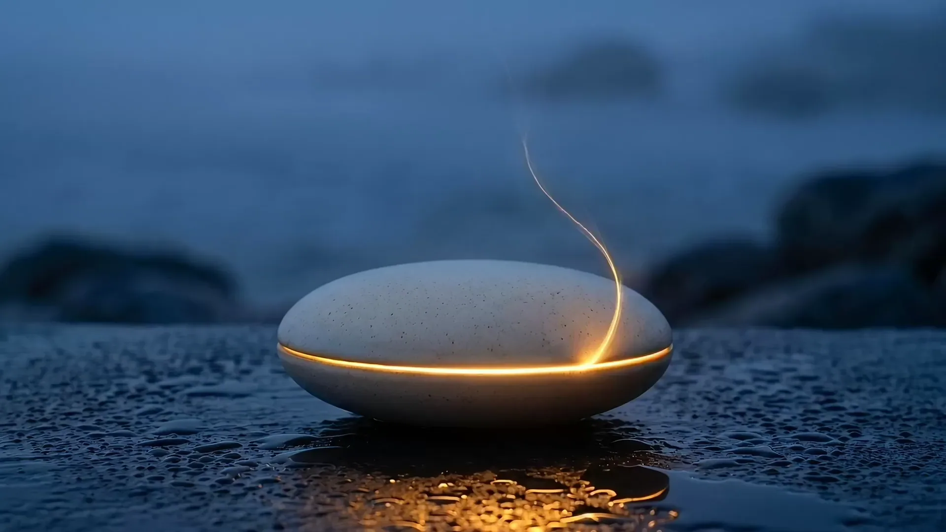 A ribbon of golden light rises from the pebble's seam and folds into a floating sheet of glowing paper