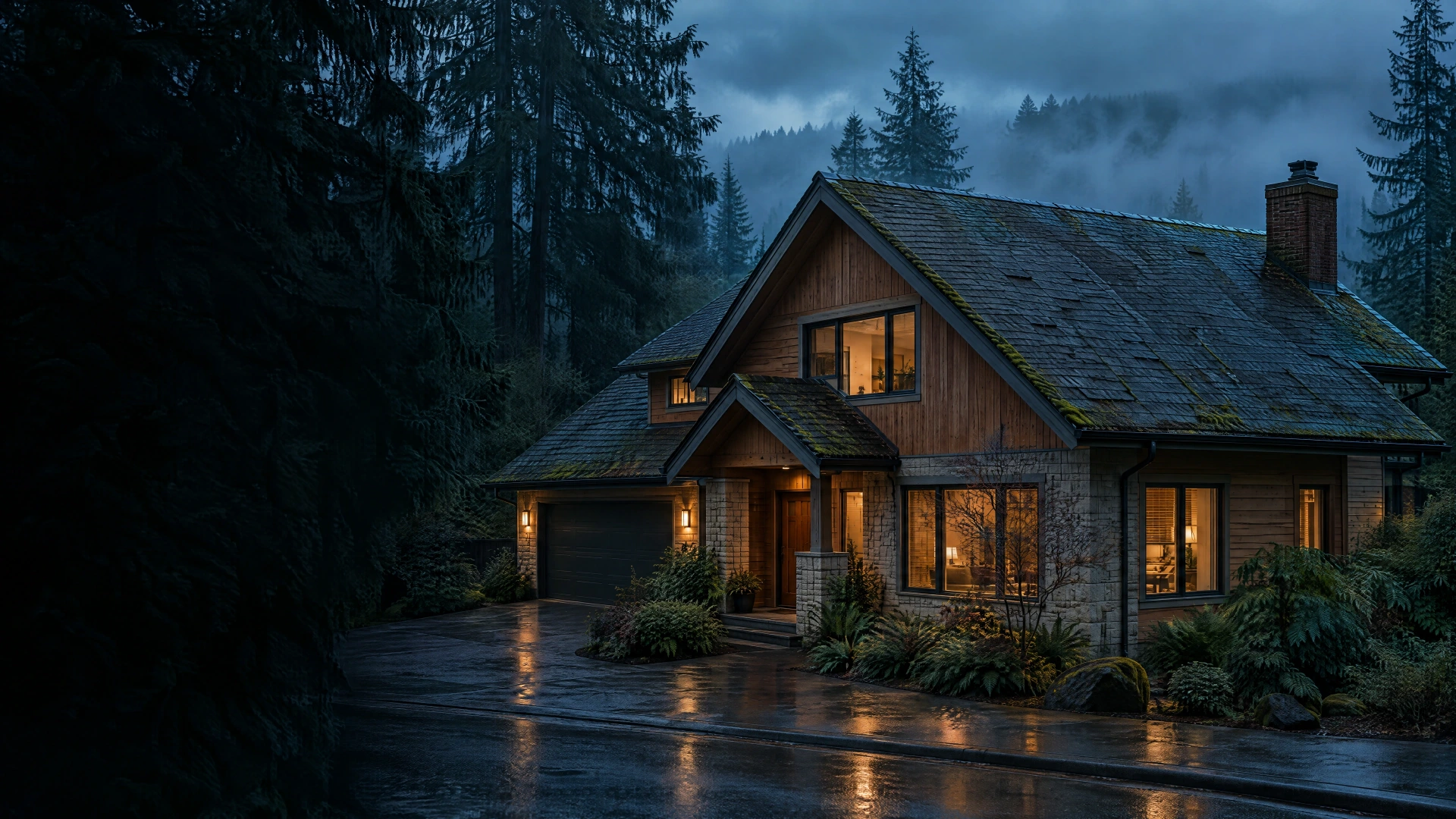 A weathered shingle roof on a cedar and stone Vancouver home at dusk