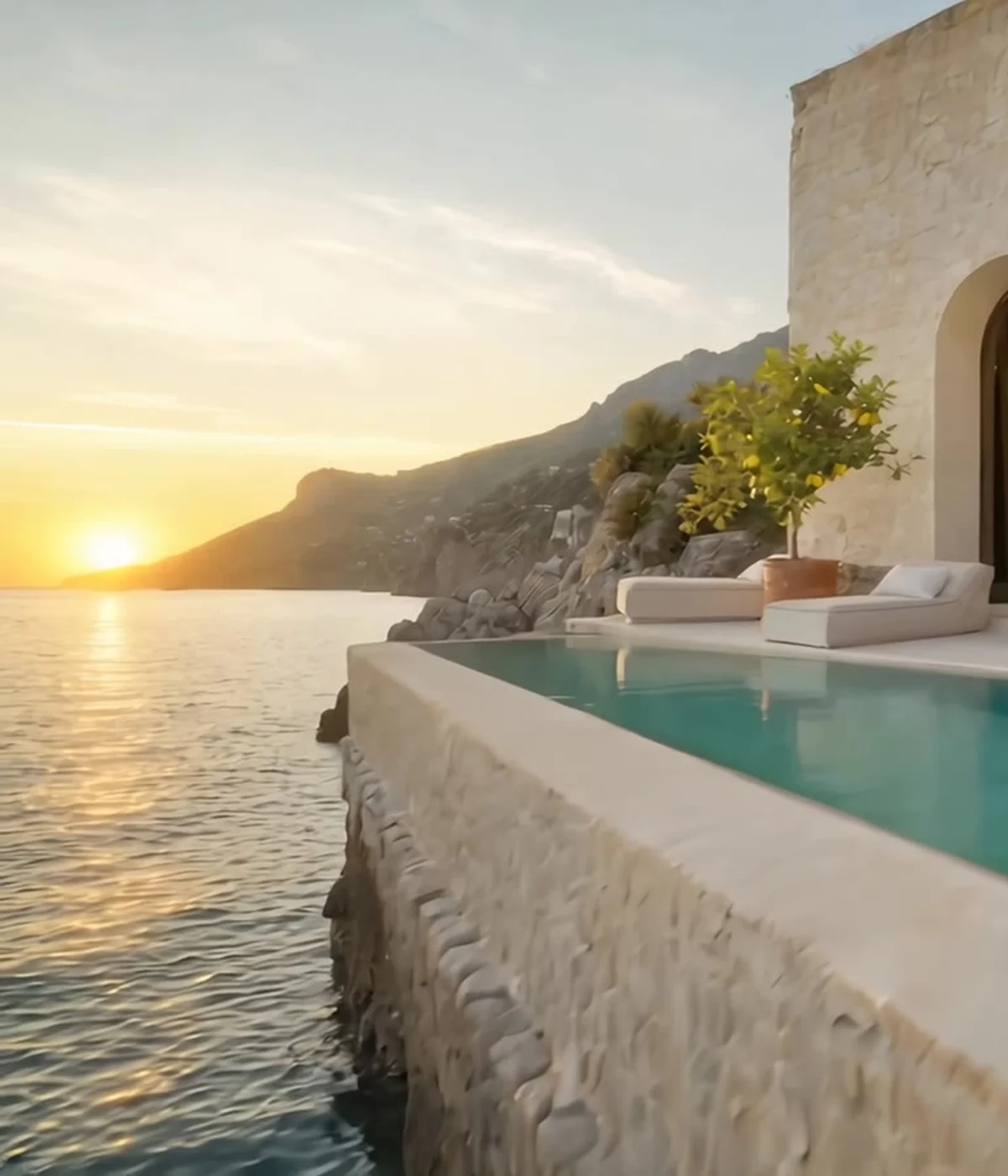 Golden light falling across the resort’s stone terrace above the Mediterranean