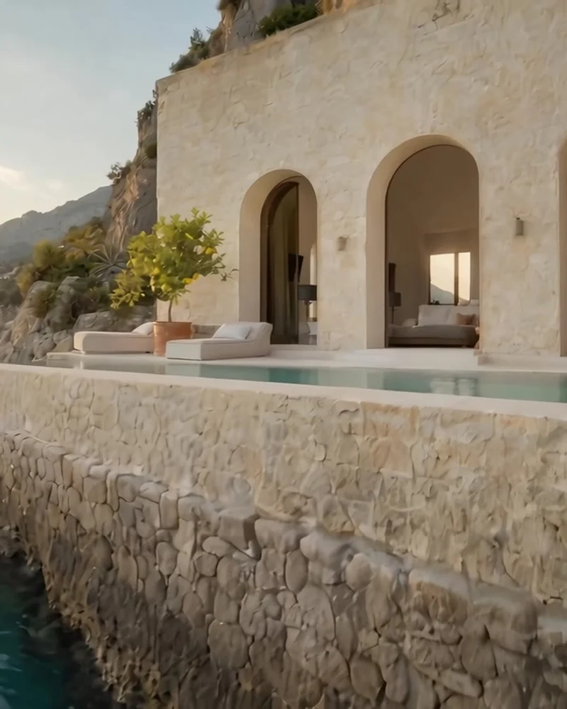Ivory stone architecture and a quiet terrace above the sea