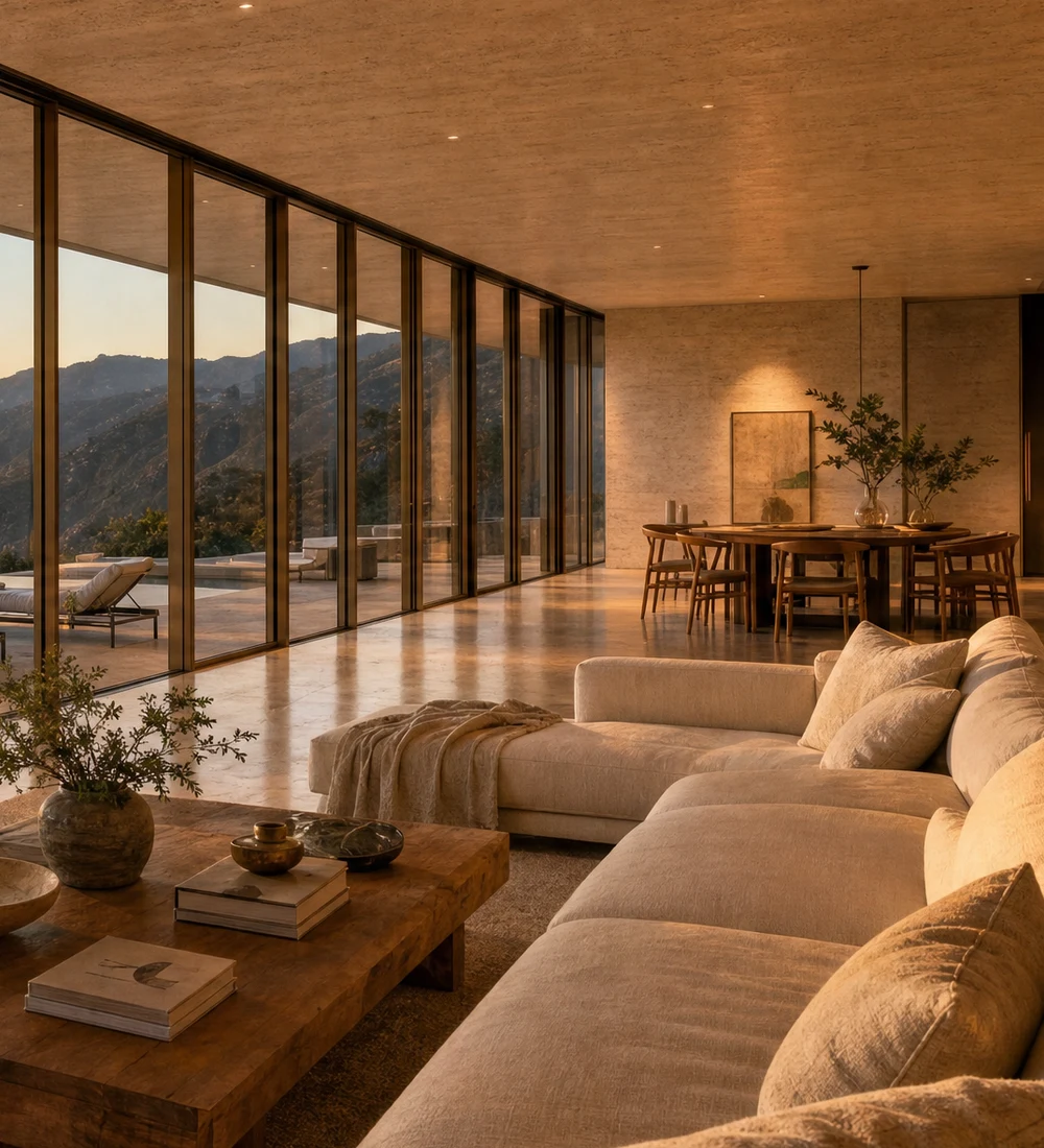 Warm travertine, bronze and evening light inside the residence