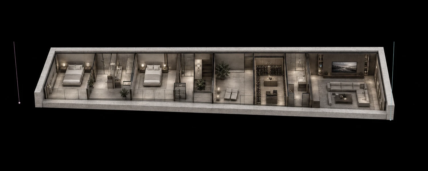 Architectural cutaway of the garden level