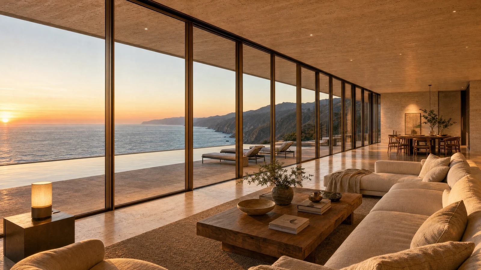Travertine great room opening to the ocean at sunset
