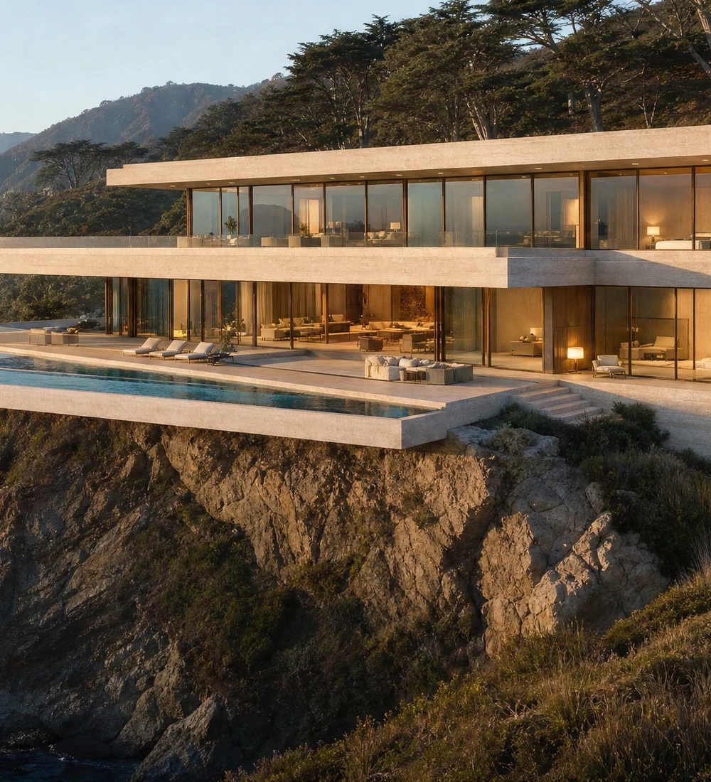 Glass facade and cantilevered infinity pool