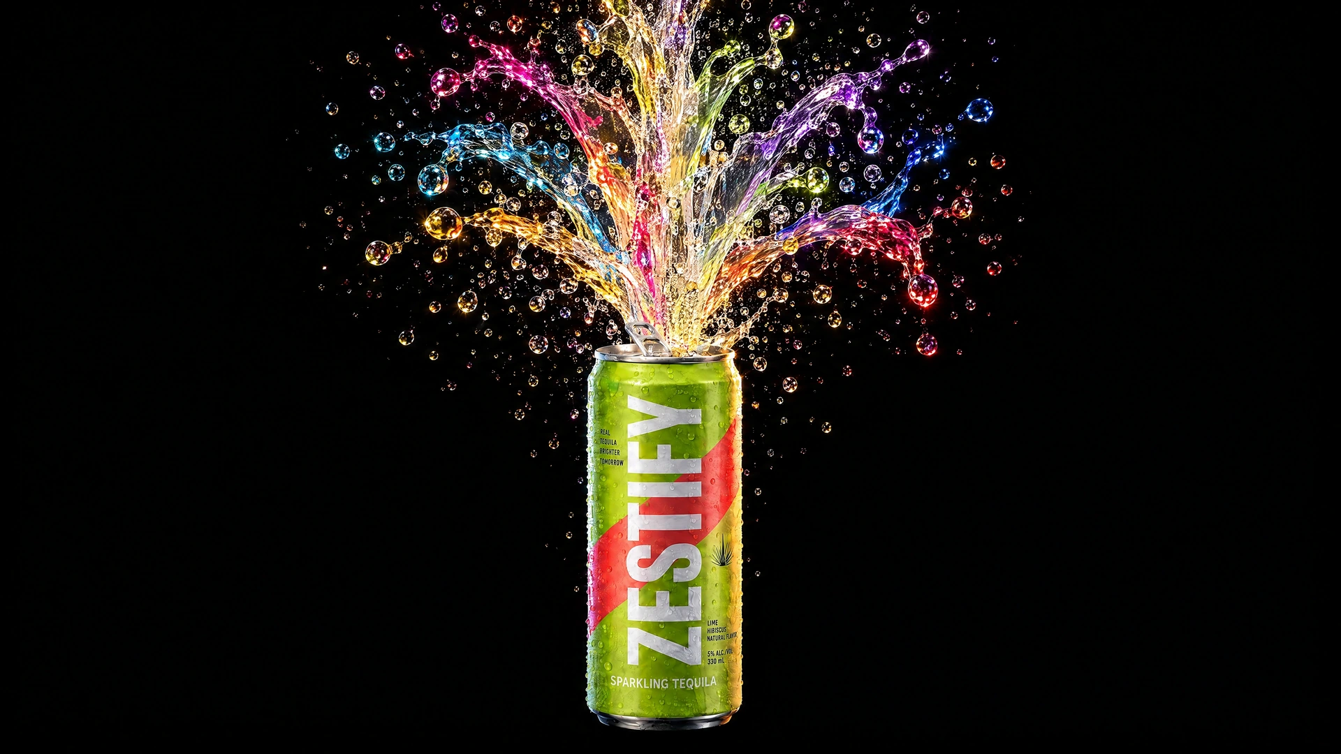 A rainbow of citrus liquid, bubbles and droplets erupting directly from the Zestify can